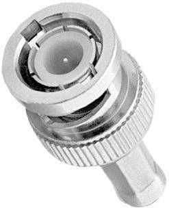 Ein metallischer Koaxialstecker mit geriffeltem Griff zeigt seine Steckseite nach oben, übliche Anwendung in Kommunikationsgeräten.