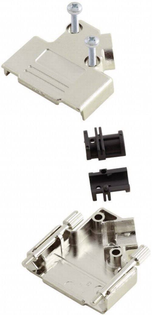 Metallgehäusesatz für D-Sub-Stecker, zerlegt. Enthält Gehäuse, Schrauben und Kabelklemme. Verwendet zur sicheren Verbindung von Kabeln.