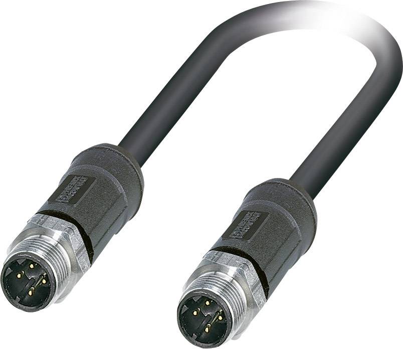 Schwarzes M12-Kabel mit geraden Steckverbindern an beiden Enden, hauptsächlich verwendet in industriellen Automatisierungsanwendungen.