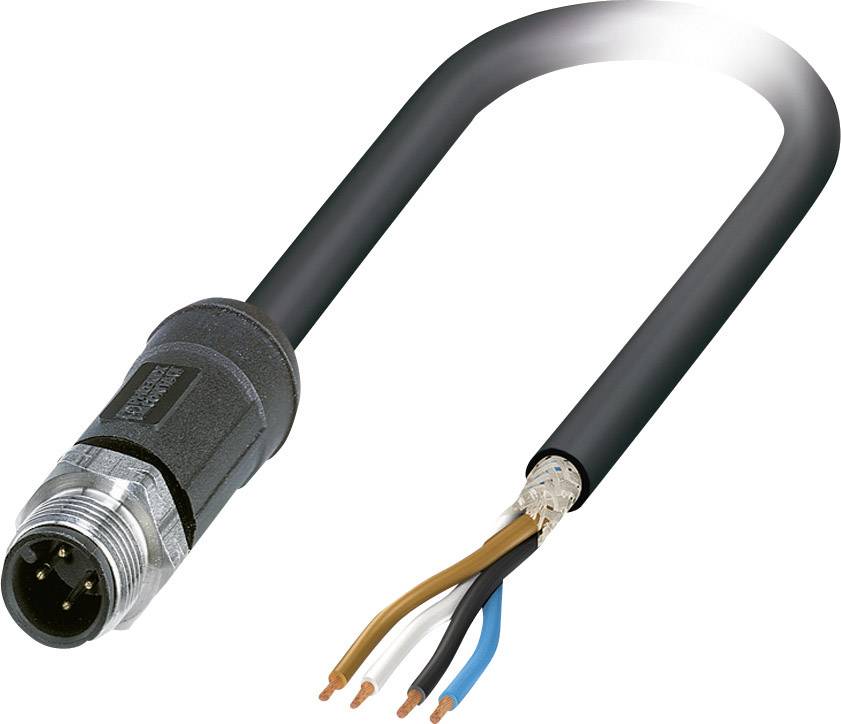 Ein schwarzes Kabel mit einem Metallstecker rechts im Bild, mit abisolierten Enden in den Farben Weiß, Braun, Blau und Schwarz links.