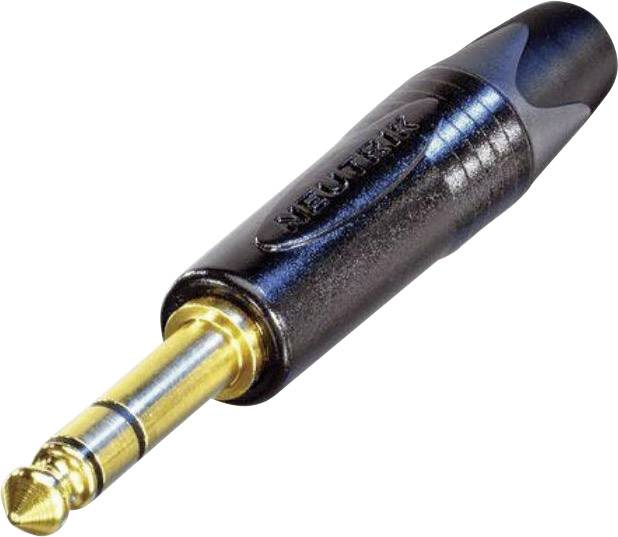 Schwarzer Audio-Klinkenstecker mit goldener Spitze, geeignet zum Anschluss von Audiogeräten.
