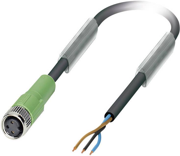 Ein grünes Kabel mit einem runden, mehrpoligen Steckverbinder am einen Ende und abisolierten Drähten am anderen Ende.