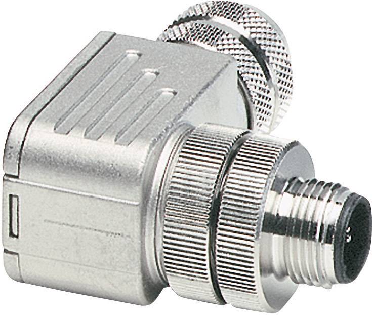 Ein silberner, rechtwinkliger metallischer Stecker mit gerilltem Griff und Rundgewinde. Geeignet für industrielle Anwendungen.