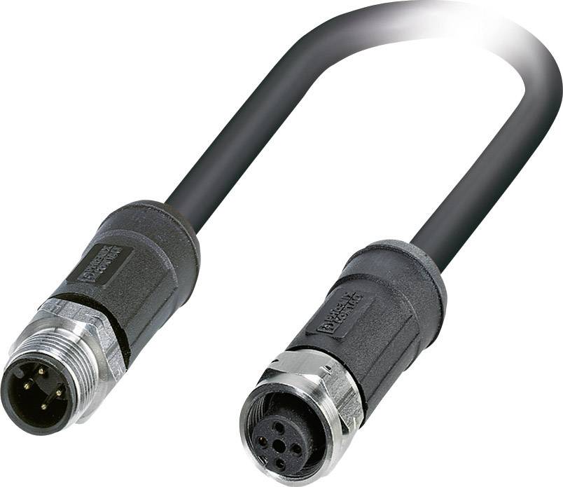 Schwarzes Kabel mit zwei runden Steckverbindern mit jeweils vier Stiften und Buchsen an den Enden, auf weißem Hintergrund.