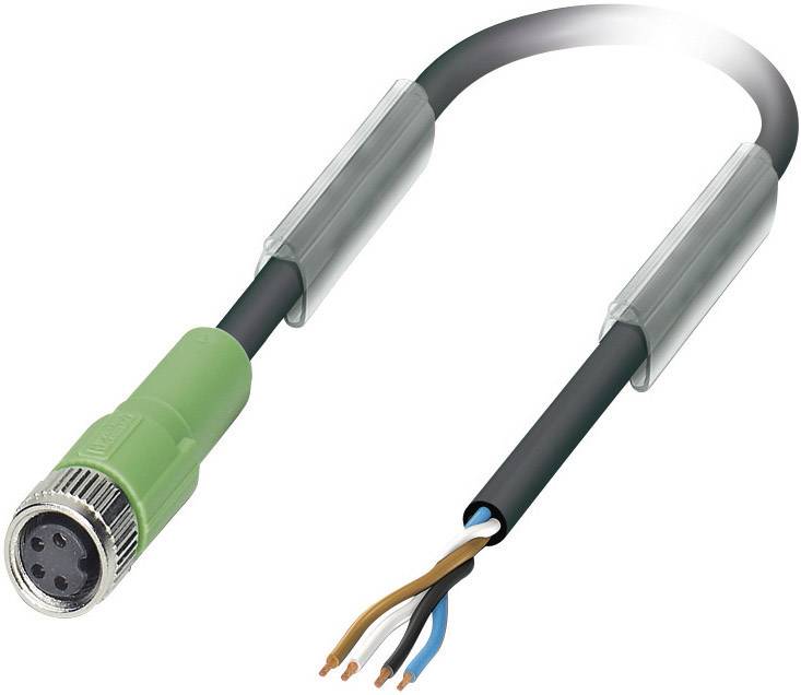 Kabel mit vier Polleitern, einem grünen Stecker an einem Ende und freiliegenden Drähten am anderen Ende, geeignet für elektrische Verbindungen.