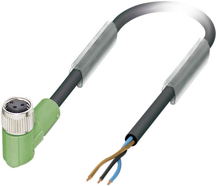 Ein Kabel mit grünem Winkelstecker auf der linken Seite und drei freiliegenden Kupferdrähten auf der rechten Seite.