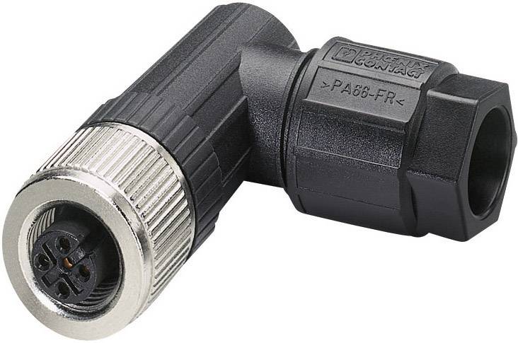 Ein rechtwinkliger M12-Stecker mit Metallgewinde und schwarzem Kunststoffgehäuse, geeignet für industrielle Anwendungen.