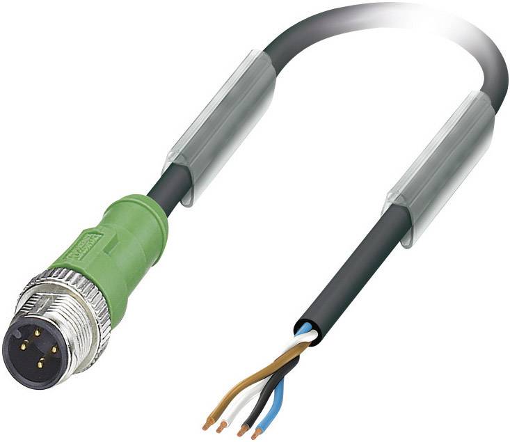 Ein vierpoliges, überwiegend schwarzes Kabel mit metallischem Steckkopf und offenen Drähten am anderen Ende zeigt einen Industrieanschluss.