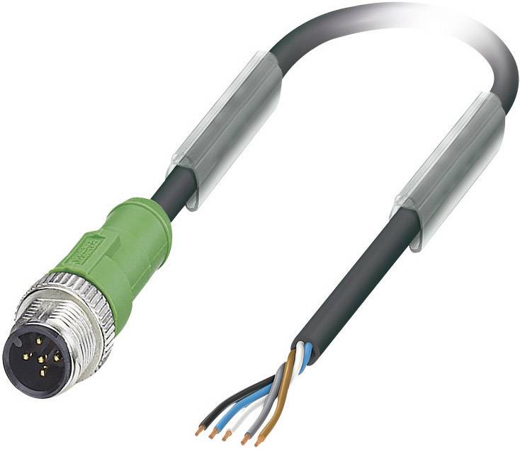 Kabel mit schwarzem Mantel, am linken Ende ein grüner Stecker mit fünf Stiften, am rechten Ende fünf freiliegende Kupferdrähte.