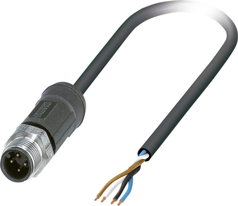 Ein schwarzes, vieradriges Kabel mit einem metallischen, runden Stecker. Das Kabel ist gebogen und zeigt freiliegende Drähte.