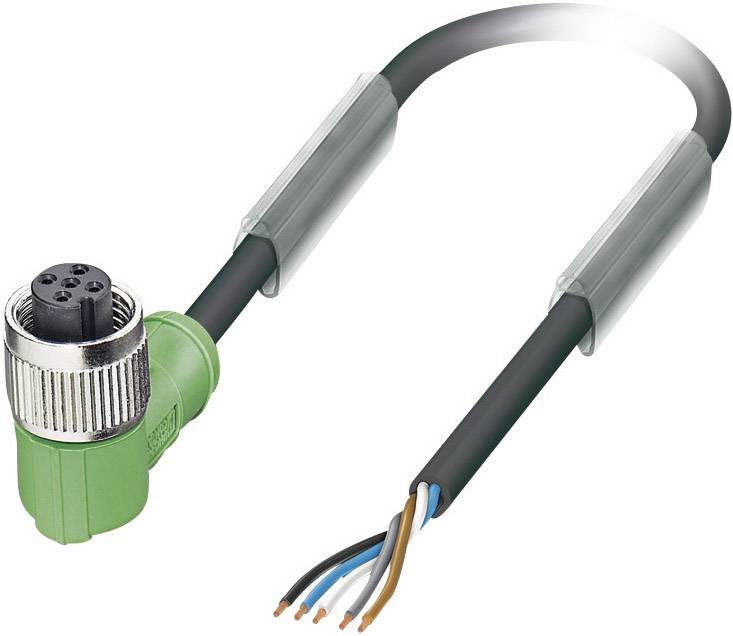 Grünes angewinkeltes M12-Kabel mit silbernem Anschluss, teils mit freiliegenden Kupferdrähten, geeignet für elektrische Verbindungen.