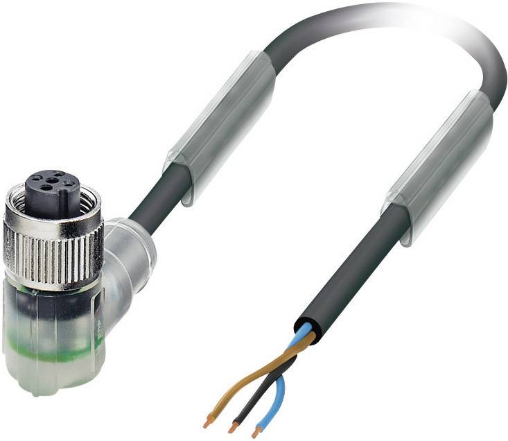 Ein L-förmiges elektrisches Kabel mit Metallstecker und offenen Kabelenden in Blau und Braun, geeignet für industrielle Anwendungen.