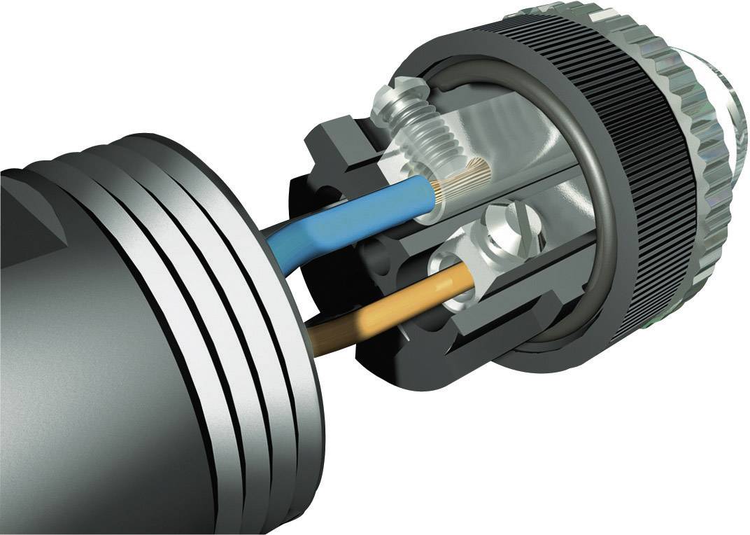 Ein technisches Diagramm zeigt einen geöffneten Stecker mit sichtbaren Kabeln. Die Innenansicht offenbart die Kabelverbindungen.