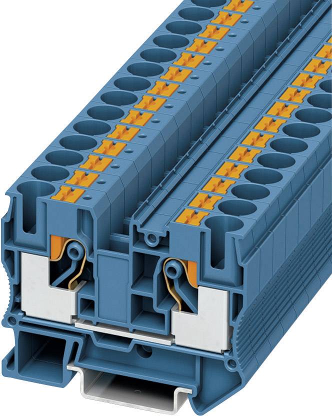 Ein blauer modularer Steckverbinder mit mehreren Steckplätzen und orangefarbenen Klemmen, verwendet in elektrischen Anwendungen.