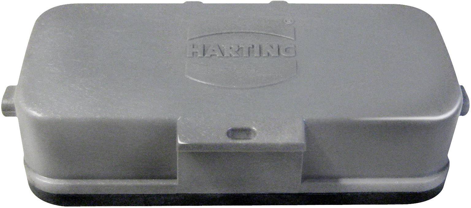Ein graues rechteckiges Gehäuse mit 'Harting' Logo, verwendet für elektrische Verbindungen und Schutz von Steckverbindungen.