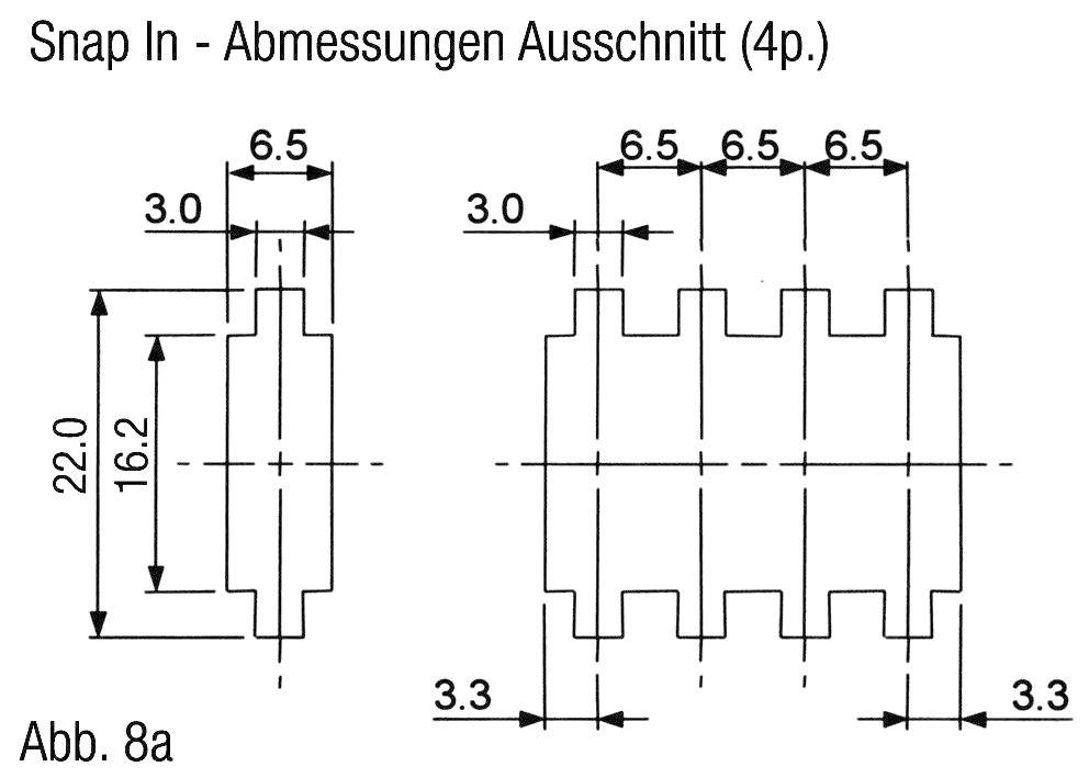 Abb. 8a: Zeichnung mit Abmessungen für Snap-In-Ausschnitt (4-polig). Maße: 22.0 x 16.2, sowie verschiedene kleinere Messungen.