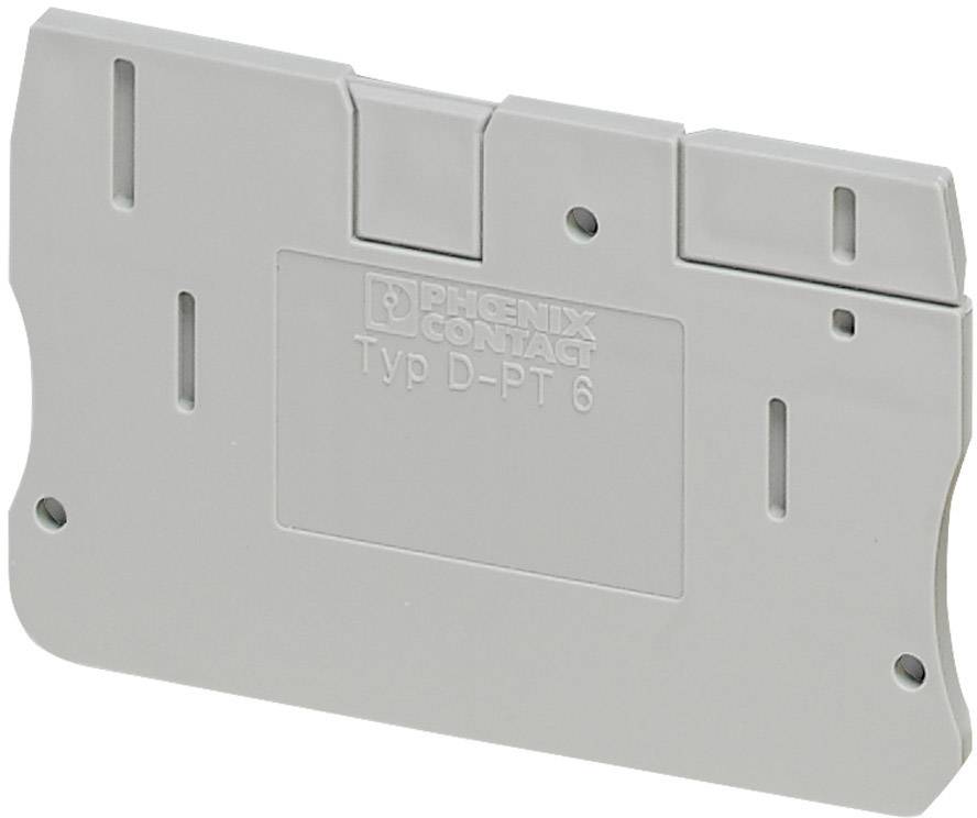 Graue Abdeckplatte der Marke Phoenix Contact, Typ D-PT 6, zur Sicherung und Abdeckung elektrischer Anschlussklemmen.