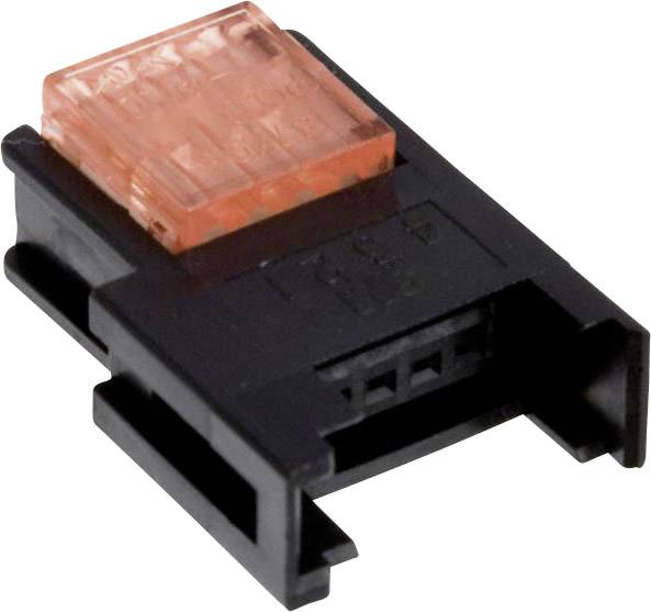Schwarz-rotes, rechteckiges Elektronikbauteil, vermutlich ein Steckverbinder oder Jumper, auf weißem Hintergrund.