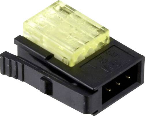 Ein gelb-schwarzer Computer-Stecker mit vier Anschlusspins, häufig verwendet für Lüfterkabel in Computergehäusen.