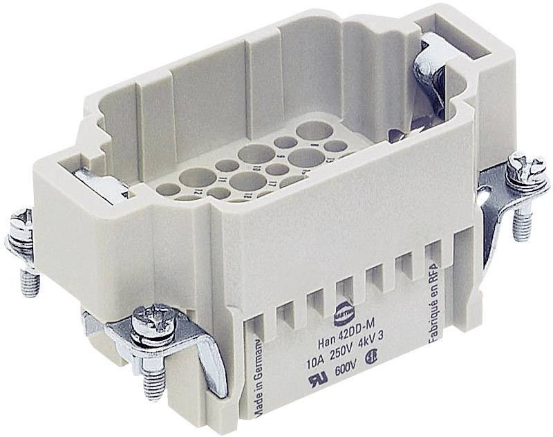 Ein rechteckiger, grauer Mehrpol-Steckverbinder, geeignet für 10A, 250V. Beschriftung 'Han 42D-M'.