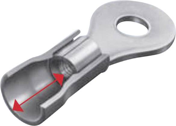 Ein Metallstecker mit einer Öffnung an einem Ende und einem rot markierten Doppelpfeil, der auf den Durchmesser im Inneren hinweist.