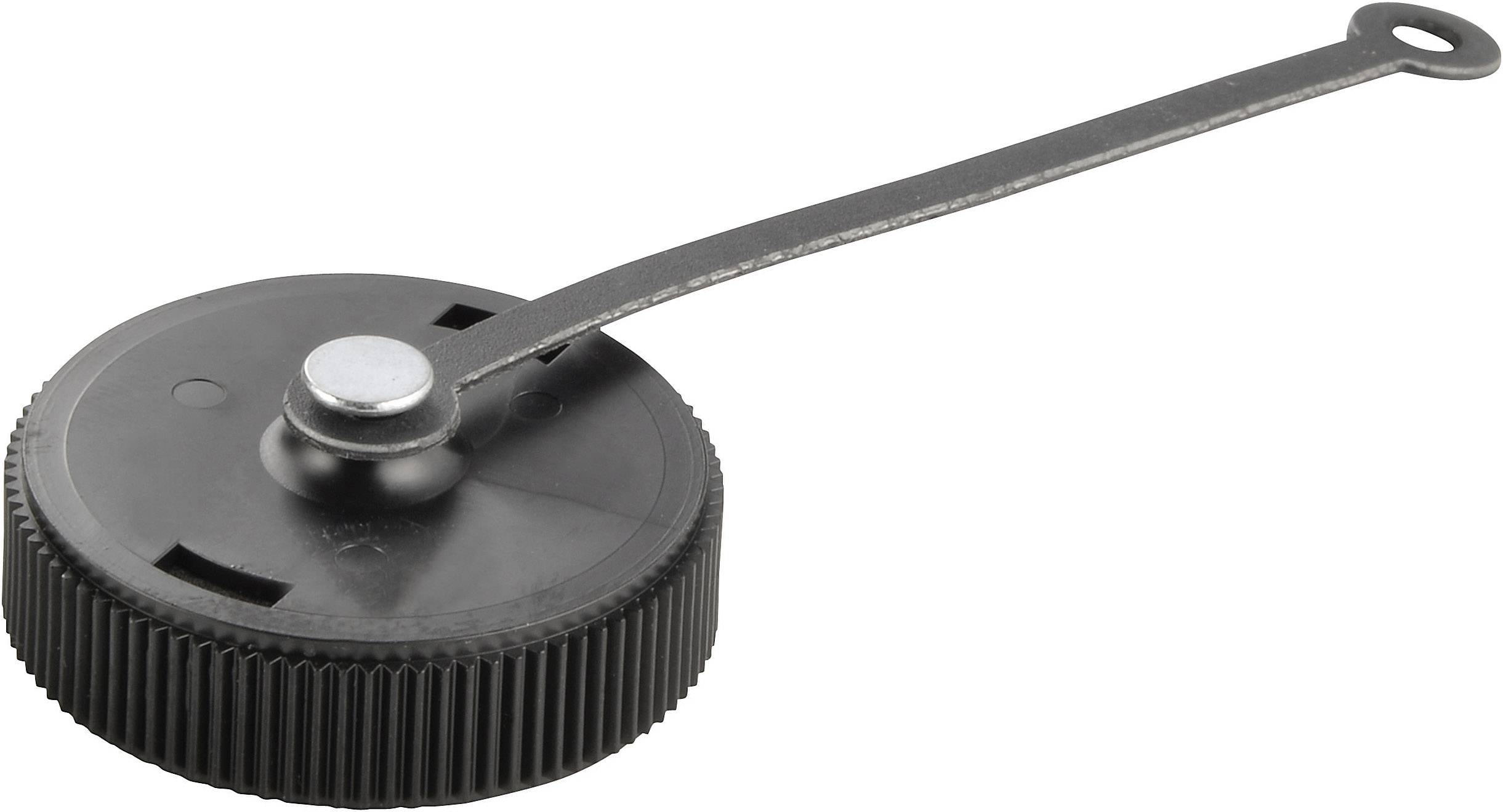 Ein schwarzer Plastikdeckel mit einer langen, flachen Lasche, die an einem Ende befestigt ist. Geeignet zur Abdeckung eines Behälters.