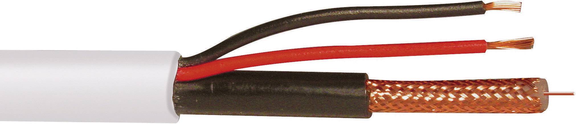 Abisoliertes Koaxialkabel mit einem Außenmantel in Weiß, Kupfergeflecht, und zwei farbigen Innenleitern in Rot und Schwarz.