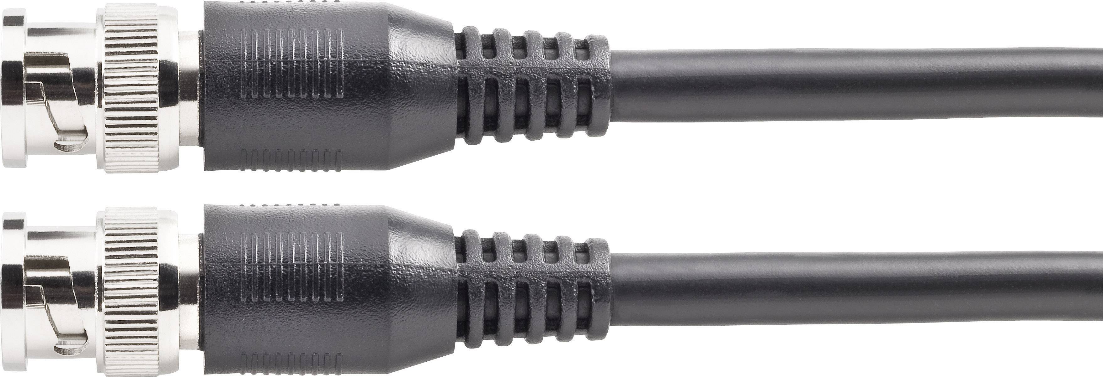 Zwei schwarze Koaxialkabel nebeneinander mit Metallverbindungen, die typischerweise zur Übertragung von Videosignalen verwendet werden.