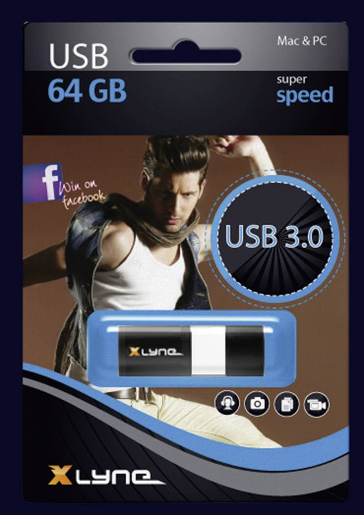 Verpackung eines Xlyne USB-Sticks mit 64 GB. Kompatibel mit Mac & PC, USB 3.0, 'super speed'. Enthält Facebook-Werbung. Bild eines Mannes im Hintergrund.