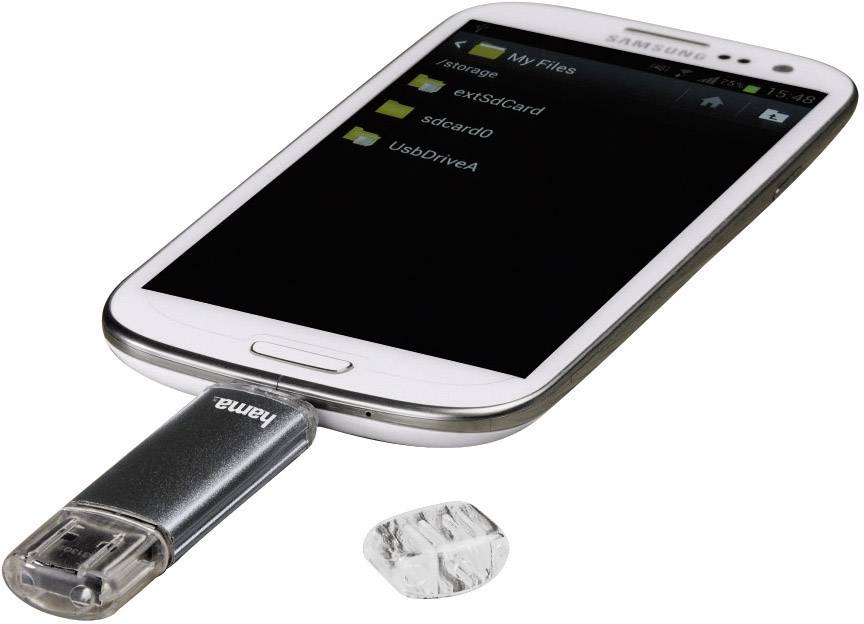 Ein Smartphone mit einem USB-OTG-Stick, der an das Gerät angeschlossen ist, zeigt den Dateimanager mit verschiedenen Speicherorten.