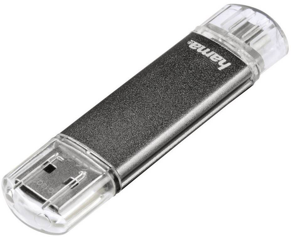 Ein schwarzer USB-Stick mit durchsichtigem Kunststoffdeckel an beiden Enden, auf der Seite steht der Markenname 'Hama'.