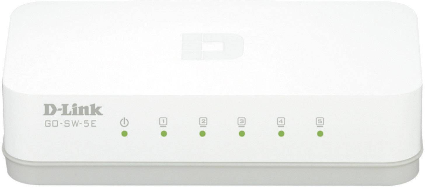 Ein weißer Netzwerk-Switch der Marke D-Link mit fünf Ethernet-Anschlüssen und LED-Anzeigen auf der Vorderseite.