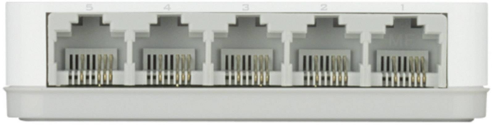Vierfacher Netzwerk-Switch mit fünf Ethernet-Ports, nummeriert von 1 bis 5, oben an einem weißen Kunststoffgehäuse.
