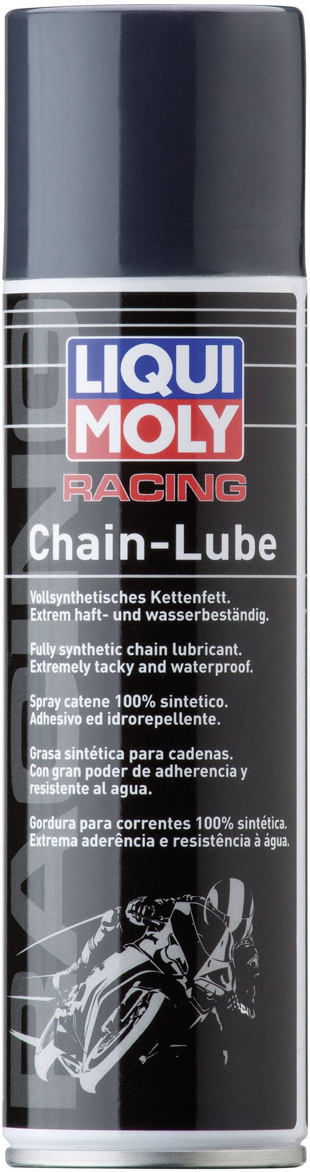 Eine Sprühdose Kettenfett der Marke Liqui Moly Racing, vollständig synthetisch und wasserfest, speziell für Motorradketten.
