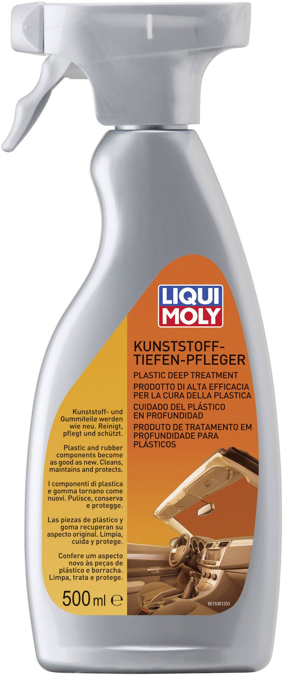 'LIQUI MOLY Kunststoff-Tiefenpflege' Sprühflasche mit 500 ml Inhalt. Pflege von Kunststoffteilen, besonders im Auto.
