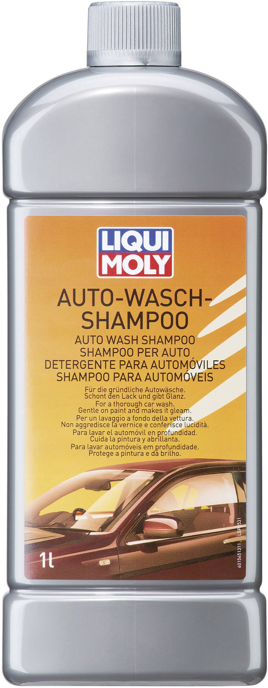 Flasche mit 'Liqui Moly Auto-Wasch-Shampoo' Etikett, zeigt ein Auto unten rechts. Text in mehreren Sprachen.