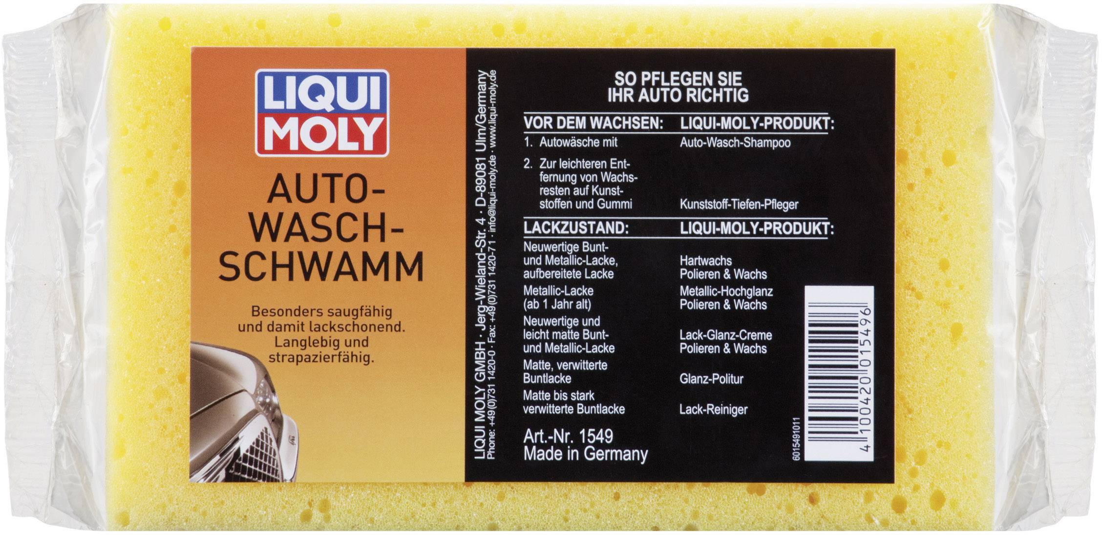 'LIQUI MOLY Auto-Waschschwamm' in Kunststoffverpackung. Orangefarbener Schwamm mit schwarzem Etikett, das Anwendungshinweise enthält.