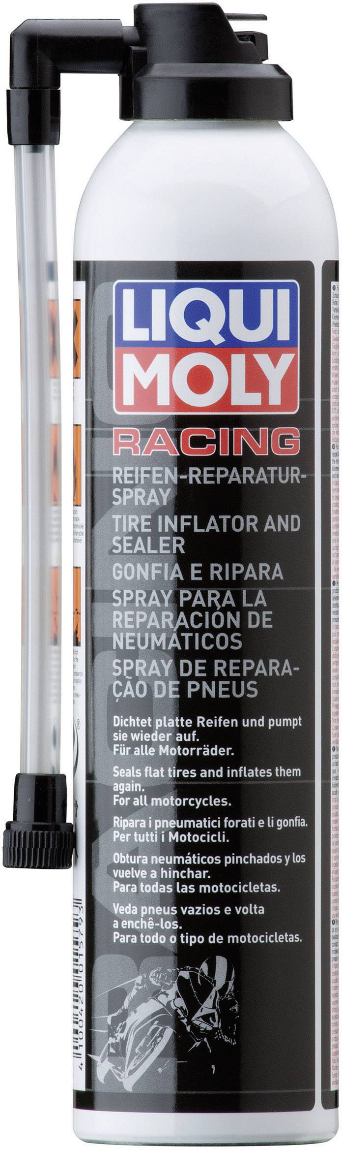 Sprühflasche von 'Liqui Moly Racing' Reifen-Reparaturspray zur Reparatur und Aufpumpen von Reifen, geeignet für Motorräder.