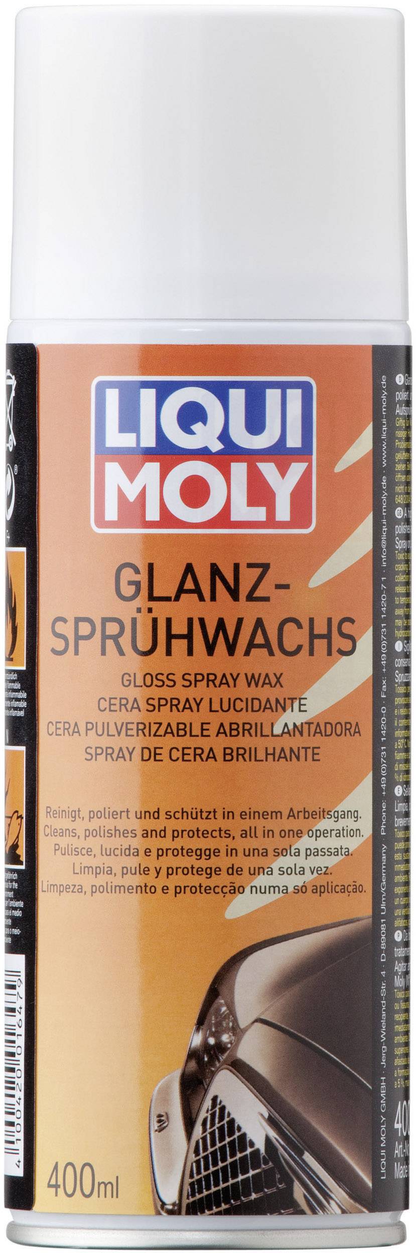Sprühdose mit Aufschrift 'LIQUI MOLY Glanz-Sprühwachs'. Zeigt ein Auto mit poliertem Scheinwerfer. Produkt zur Autopflege.