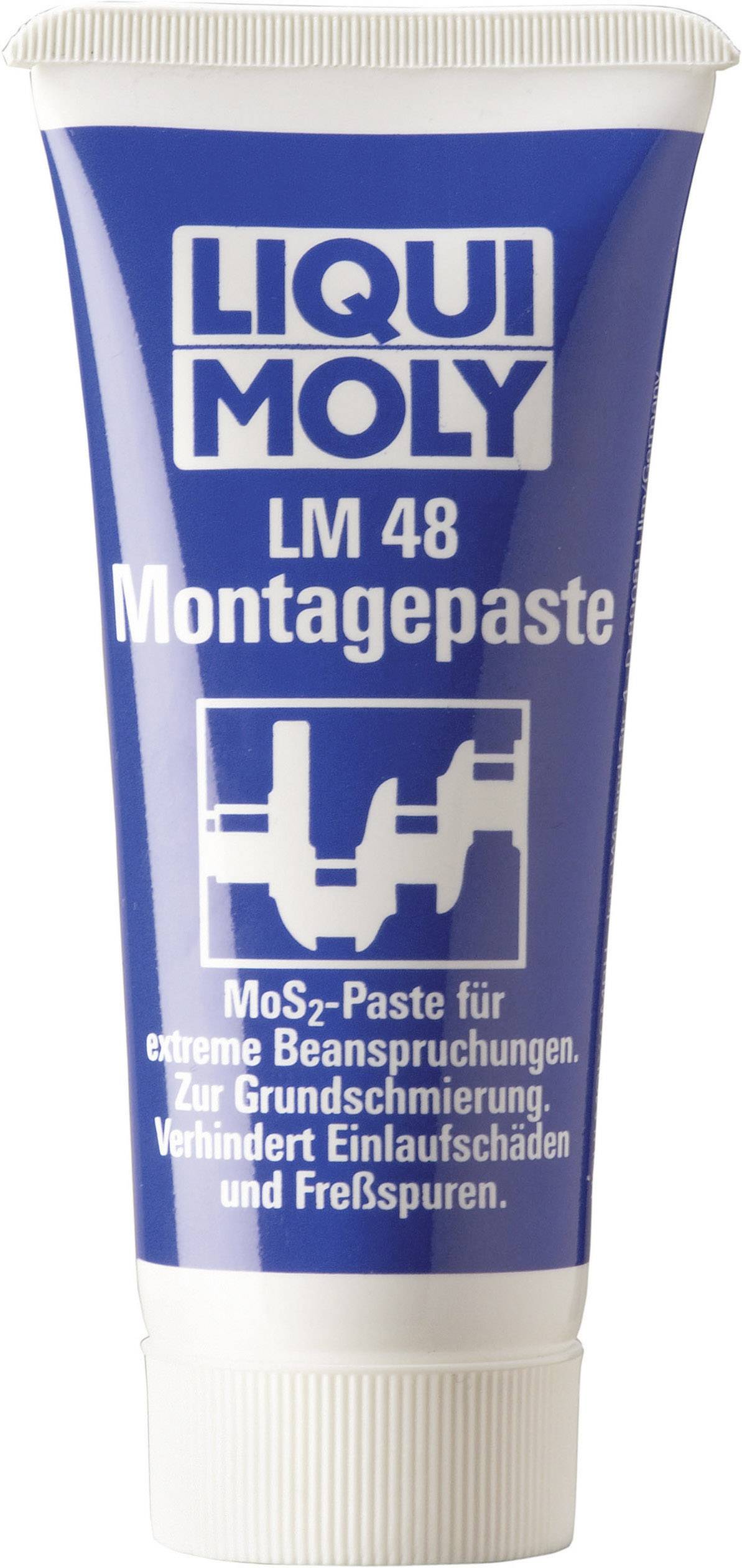 Tube mit blauer Verpackung und weißer Aufschrift 'LIQUI MOLY LM 48 Montagepaste'. Enthält MoS2-Paste für extreme Beanspruchungen.