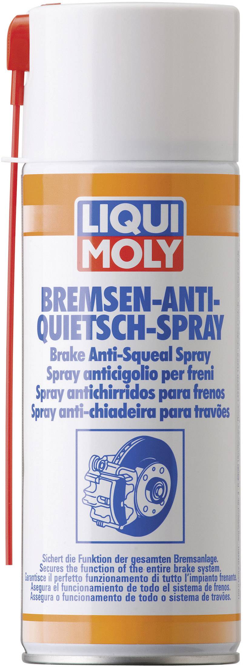 Sprühdose Liqui Moly Bremsen-Anti-Quietsch-Spray. Weiß-rote Verpackung mit blauer Aufschrift. Grafische Darstellung einer Bremse.