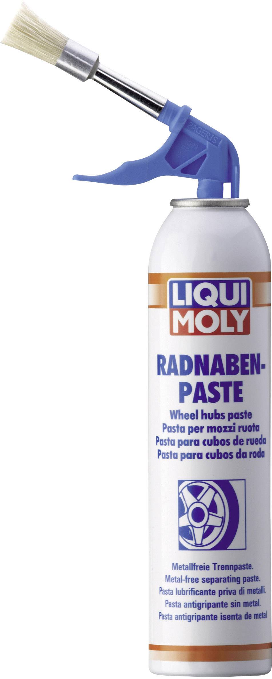 'LIQUI MOLY Radnaben-Paste' in einer Sprühdose mit blauem Pinselaufsatz. Metallfreie Trennpaste zur Schmierung von Radnaben.