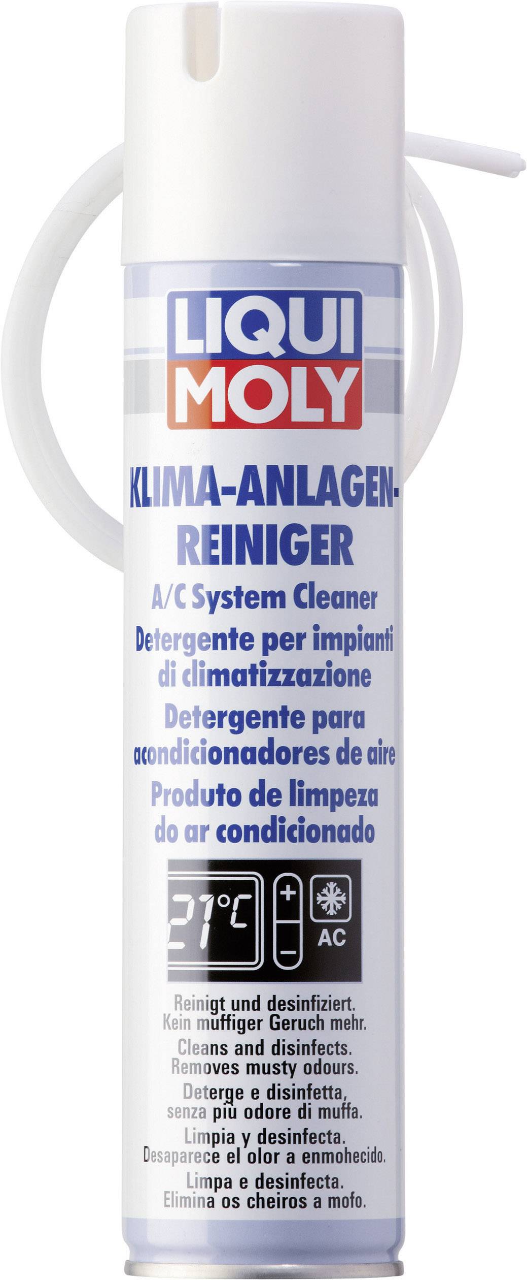 Sprühdose von Liqui Moly mit der Aufschrift 'Klima-Anlagen-Reiniger'. Zur Reinigung und Desinfektion von Klimaanlagen.
