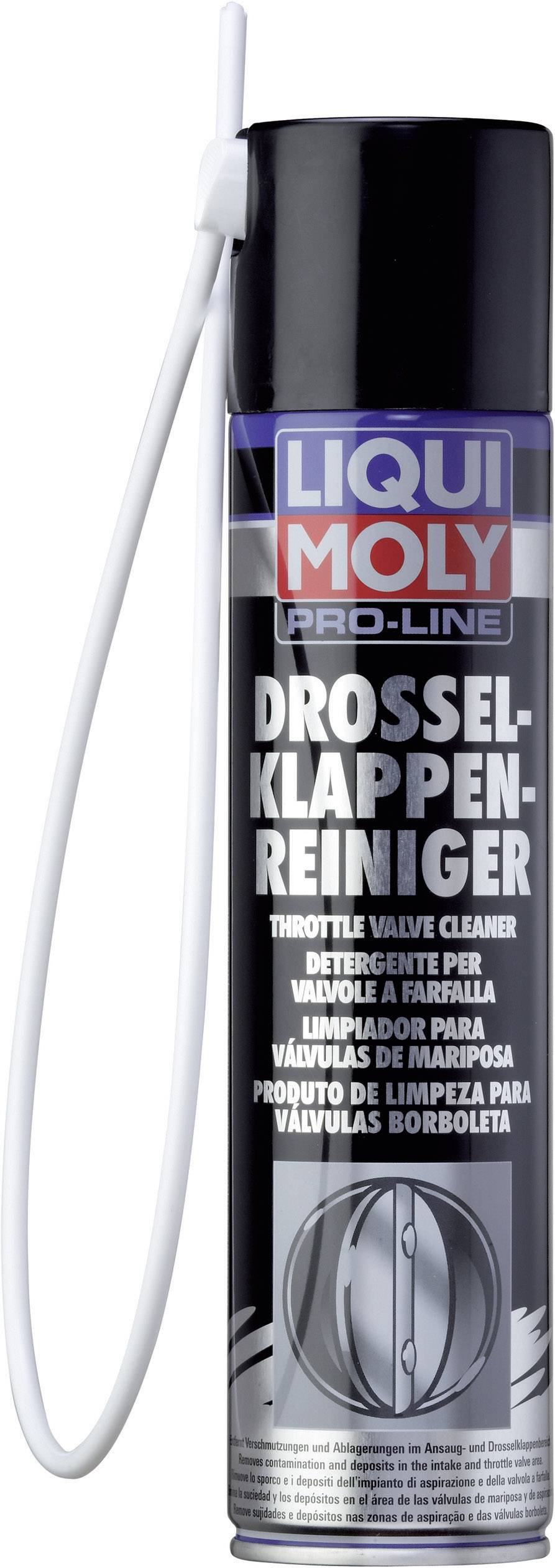 Eine schwarze Spraydose mit der Aufschrift 'Drosselklappen-Reiniger' von Liqui Moly. Hauptsächlich für die Reinigung von Drosselklappen.
