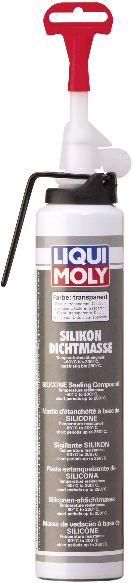 'LIQUI MOLY Silikon Dichtmasse' in transparenter Kartusche mit roter Spitze und schwarzem Griff.