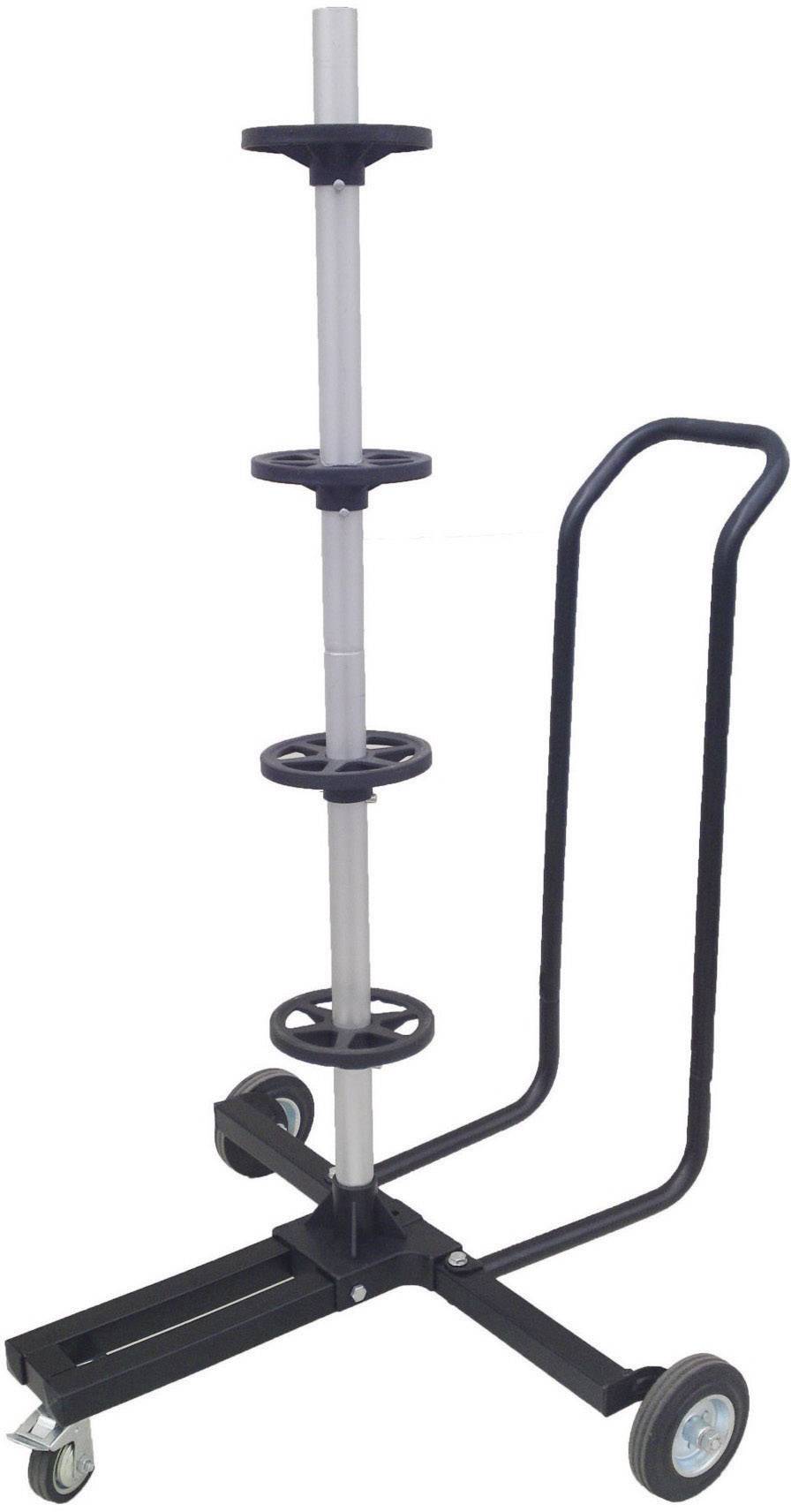Ein mobiler Ständer für Gewichtsscheiben mit vier Rollen und einem Haltegriff. Geeignet zur Lagerung und zum Transport von Trainingsgewichten.