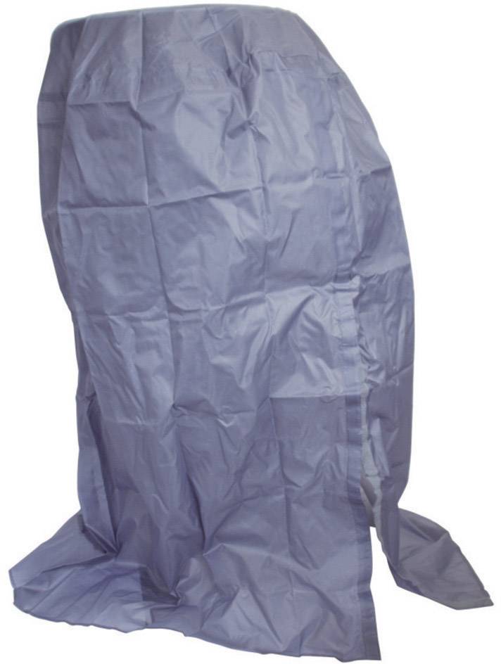 Ein großer, gefalteter blauer Stoff, möglicherweise eine Plastiktüte oder Abdeckung, steht aufrecht auf dem Boden.