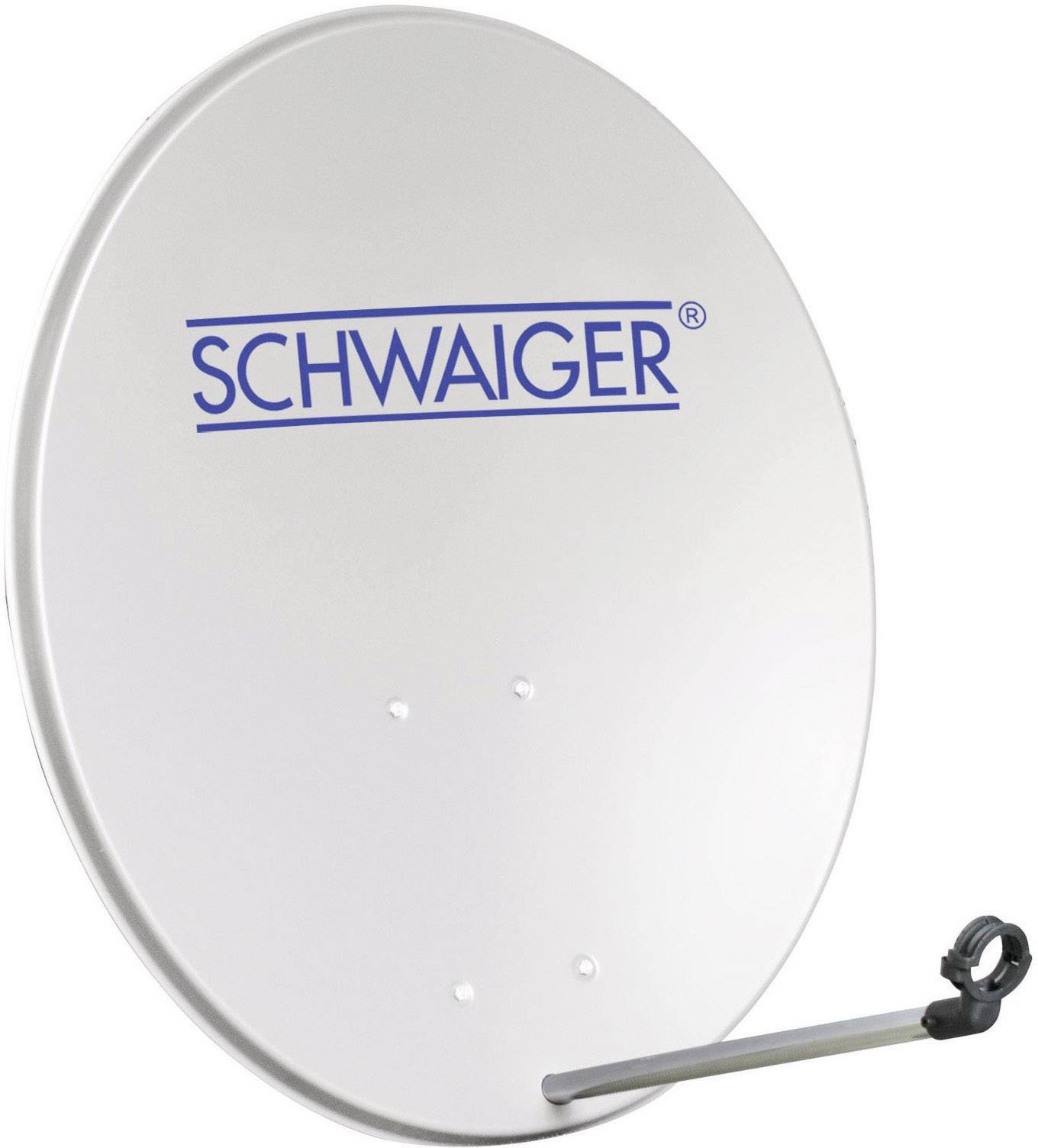 Satellitenschüssel mit 'SCHWAIGER' Logo in Blau. Weißer Hintergrund, Befestigungsarm an der Unterseite.