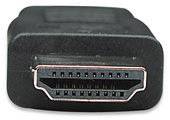 Nahaufnahme eines schwarzen HDMI-Steckers mit sichtbarer Pin-Anordnung für Audio- und Videoübertragung.