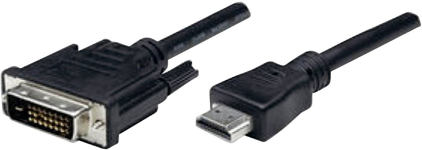 Ein Adapterkabel mit DVI-Stecker links und HDMI-Stecker rechts zum Verbinden von Geräten mit unterschiedlichen Videoanschlüssen.